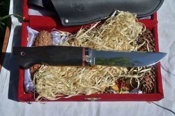 Мисливський ніж зі сталі n690, руків"я морений дуб, проставка зуб мамонта 31019 фото